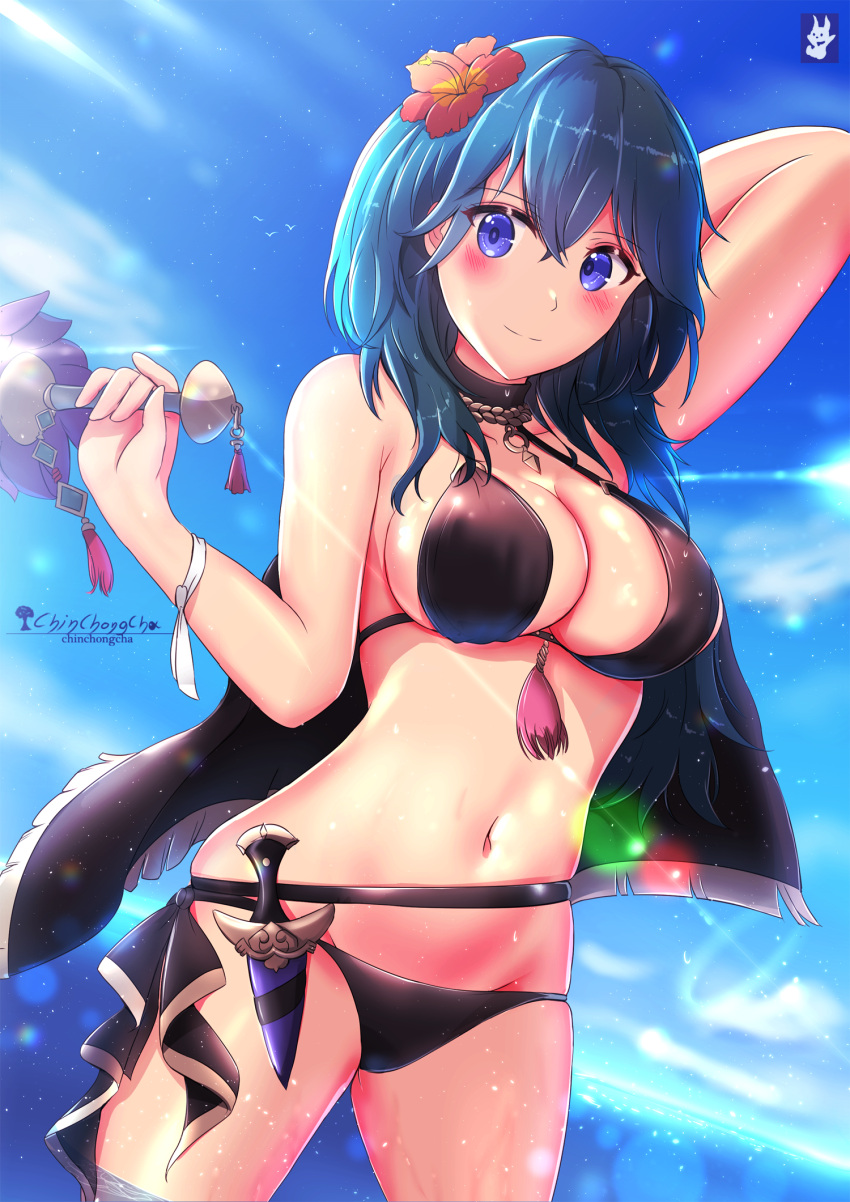 1girl alluring arm_up artist_name big_breasts bikini black_bikini blue_eyes blue_hair blue_sky blush breasts byleth_(female) byleth_(fire_emblem)_(female) chinchongcha cleavage closed_mouth dagger day fire_emblem fire_emblem:_three_houses fire_emblem_heroes flower hair_flower hair_ornament high_res holding knife medium_breasts nintendo official_alternate_costume outside sheath sheathed sky smile standing swimsuit wading water weapon