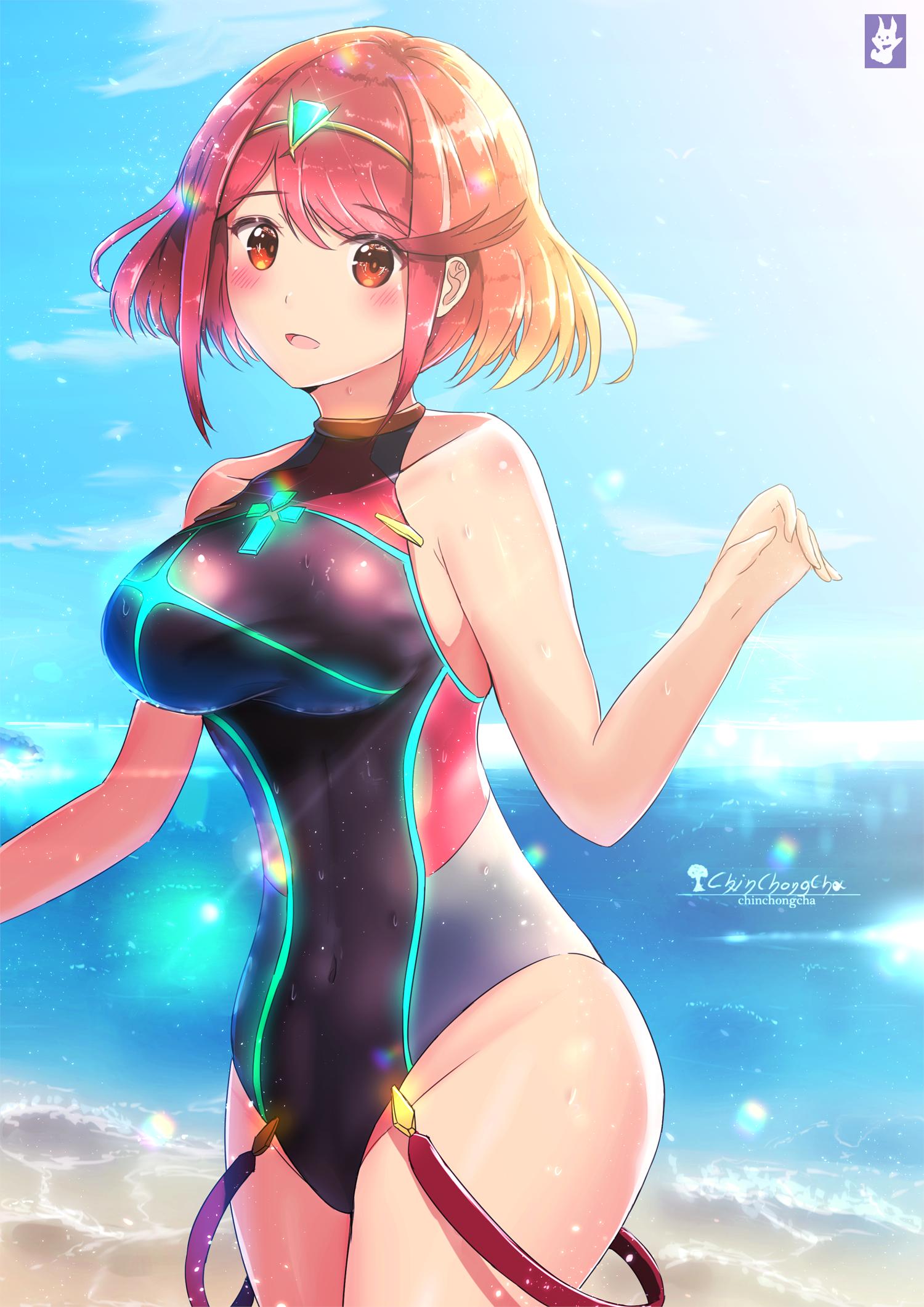 1girl alluring artist_name big_breasts blush breasts chinchongcha closed_mouth cloud competition_swimsuit covered_navel day gem hair_ornament hand_on_breast headpiece high_res jewelry looking_at_viewer nintendo one-piece_swimsuit pyra pyra_(xenoblade) red_eyes red_hair short_hair sky smile swept_bangs swimsuit tiara water xenoblade_chronicles_(series) xenoblade_chronicles_2