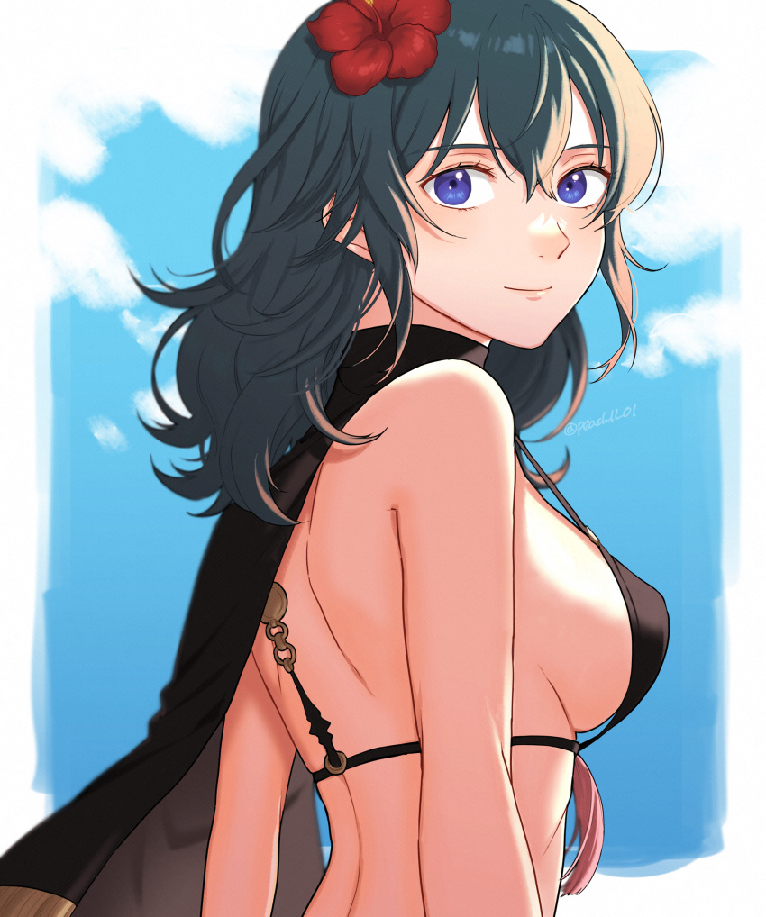 1girl alluring back big_breasts bikini black_bikini black_cape blue_hair blue_sky breasts byleth_(female) byleth_(fire_emblem) cape closed_mouth cloud commentary_request fire_emblem fire_emblem:_three_houses fire_emblem_heroes flower from_side hair_between_eyes hair_flower hair_ornament hibiscus high_res long_hair looking_at_viewer nintendo official_alternate_costume peach11_01 purple_eyes red_flower sideboob sky smile swimsuit twitter_username upper_body