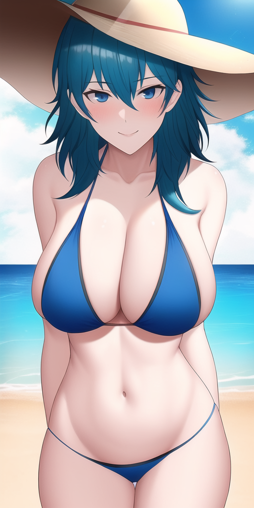 1girl alluring badtimer beach big_breasts bikini blue_eyes blue_sky byleth_(female) byleth_(fire_emblem) fire_emblem fire_emblem:_three_houses nintendo ocean teal_hair