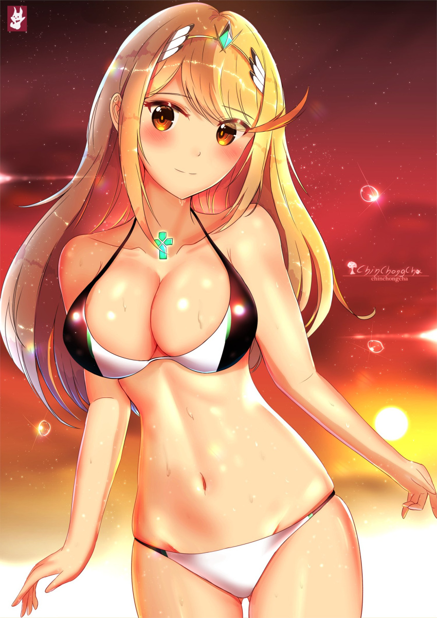 1girl alluring big_breasts bikini blonde_hair breasts brown_eyes chinchongcha cleavage high_res long_hair looking_at_viewer mythra mythra_(xenoblade) navel nintendo smile swimsuit xenoblade_chronicles_(series) xenoblade_chronicles_2