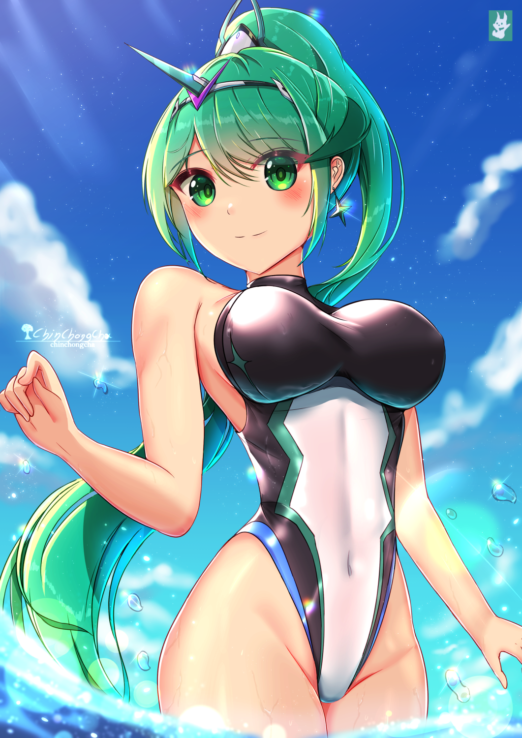 1girl alluring big_breasts black_one-piece_swimsuit blue_sky breasts chinchongcha cloud competition_swimsuit covered_navel day green_eyes green_hair headpiece high_res highleg highleg_swimsuit long_hair multicolored_clothes multicolored_swimsuit nintendo one-piece_swimsuit outside pneuma_(xenoblade) ponytail sky swept_bangs swimsuit turtleneck very_long_hair water xenoblade_chronicles_(series) xenoblade_chronicles_2