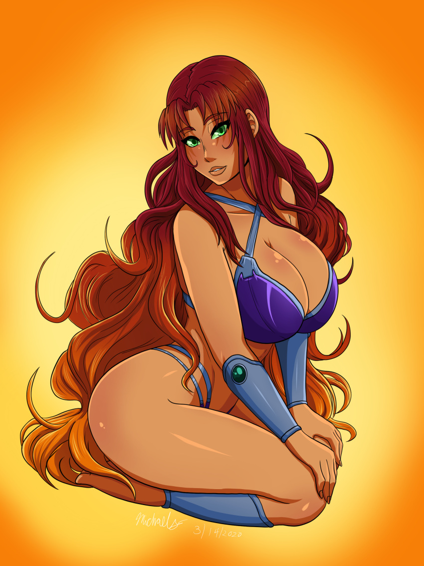 1girl alternate_breast_size barefoot big_breasts bikini blush blush_stickers breasts cleavage curvaceous curvy curvy_body curvy_female curvy_figure dc female_focus green_eyes huge_breasts koriand'r long_hair looking_at_viewer ninja-8004 plump plump_lips purple_bikini purple_swimsuit red_hair seduction seductive seductive_eyes seductive_look seductive_pose starfire swimsuit teen_titans thick_thighs thighs voluptuous