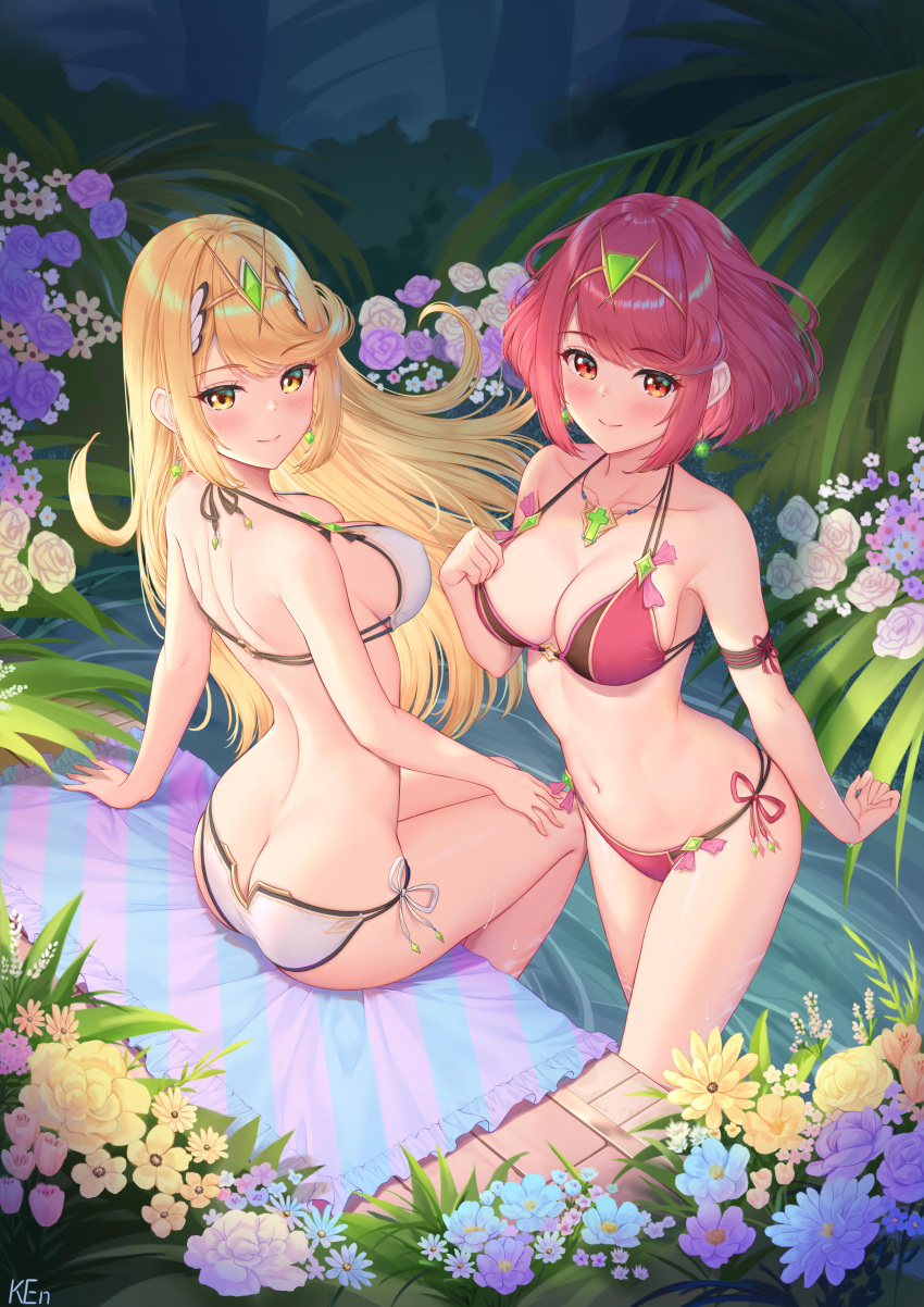 2_girls absurd_res alluring big_breasts bikini blonde_hair breasts butt_crack cleavage collarbone flower from_above halterneck hand_on_own_chest hand_on_own_knee high_res jewelry ken-san long_hair looking_at_viewer multiple_girls mythra mythra_(xenoblade) navel necklace nintendo pyra pyra_(xenoblade) red_bikini red_eyes red_hair short_hair side-tie_bikini_bottom sitting smile standing string_bikini swimsuit tiara white_bikini xenoblade_chronicles_(series) xenoblade_chronicles_2 yellow_eyes