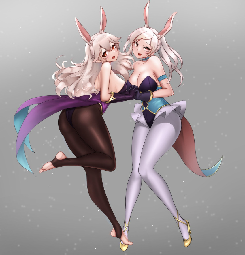 2_girls alluring alternate_costume animal_ears armband ass bangs barefoot big_breasts big_breasts black_legwear breasts bunny_ears bunny_girl bunnysuit camilla_(fire_emblem)_(cosplay) choker cleavage corrin_(fire_emblem) corrin_(fire_emblem)_(female) cosplay feet fire_emblem fire_emblem_awakening fire_emblem_fates fire_emblem_heroes hairband hand_holding high_heels high_res interlocked_fingers jaxartdump long_hair lucina_(fire_emblem)_(cosplay) multiple_girls nintendo pantyhose platinum_blonde_hair playboy_bunny pointy_ears rabbit_ears red_eyes robin_(fire_emblem) robin_(fire_emblem)_(female) simple_background sleeveless soles toes twin_tails white_hair white_legwear yellow_eyes