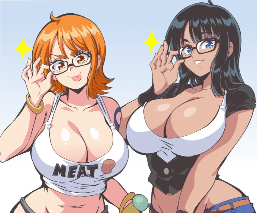 2_girls alluring big_breasts bitch blonde blue_eyes bocodamondo bracelet breasts cleavage clothed curvy dark_hair glasses looking_at_viewer midriff nami nami_(one_piece) nico_robin non-nude one_piece posing sexy sleeveless slut smile standing stomach tank_top thick tongue
