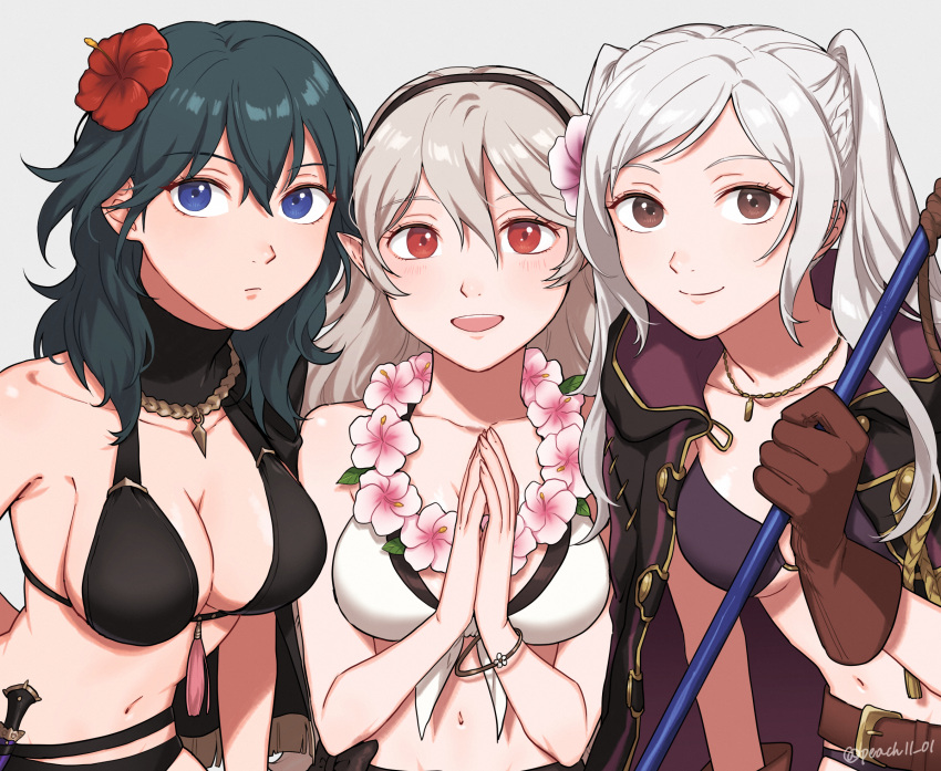 3_girls alluring alternate_costume bangs belt belt_buckle big_breasts bikini black_bikini black_coat black_hairband black_swimsuit blue_eyes blue_hair blush breasts brown_belt brown_eyes brown_gloves buckle byleth_(fire_emblem) byleth_(fire_emblem)_(female) byleth_(summer)_(fire_emblem)_(female) cleavage closed_mouth coat coat_on_shoulders collarbone commentary_request corrin_(fire_emblem) corrin_(fire_emblem)_(female) corrin_(summer)_(fire_emblem)_(female) dagger expressionless fire_emblem fire_emblem:_three_houses fire_emblem_awakening fire_emblem_fates fire_emblem_heroes flower flower_necklace gloves grey_background grey_hair hair_between_eyes hair_flower hair_ornament hairband hibiscus high_res hood hood_down hooded_coat jewelry knife long_hair looking_at_viewer medium_breasts multiple_girls navel necklace nintendo o-ring o-ring_top official_alternate_costume open_mouth own_hands_together peach11_01 pink_flower pointy_ears purple_bikini purple_swimsuit red_eyes red_flower robin_(fire_emblem) robin_(fire_emblem)_(female) sheath sheathed simple_background smile swimsuit tassel teeth trait_connection twin_tails twitter_username upper_body upper_teeth weapon white_bikini white_hair white_swimsuit