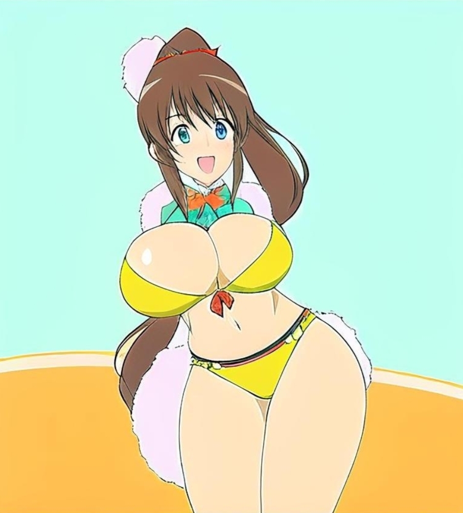 ai_generated beach big_breasts breasts cherichou doki_doki_literature_club happy monika_(doki_doki_literature_club) ribbon rule34 yellow_bikini