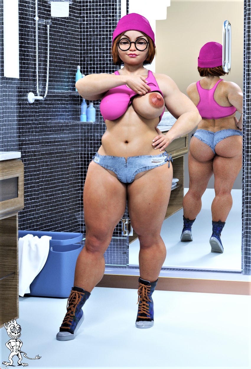 ass big_breasts cameltoe erect_nipples family_guy glasses hat large_areolae meg_griffin micro_shorts mirror_reflection muscular_female thighs