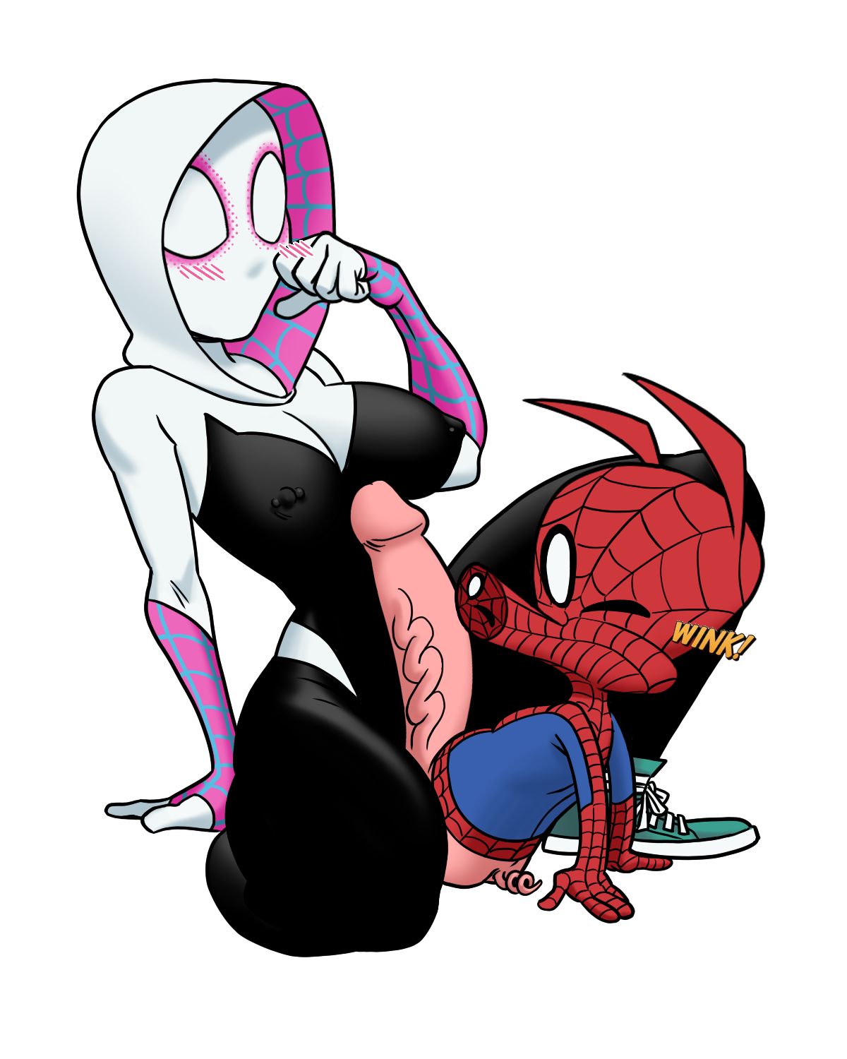 big_breasts big_penis blush gwen_stacy marvel nipple_bulge nipples_visible_through_clothing penis_out peter_porker smaller_male spider-gwen spider-man:_across_the_spider-verse