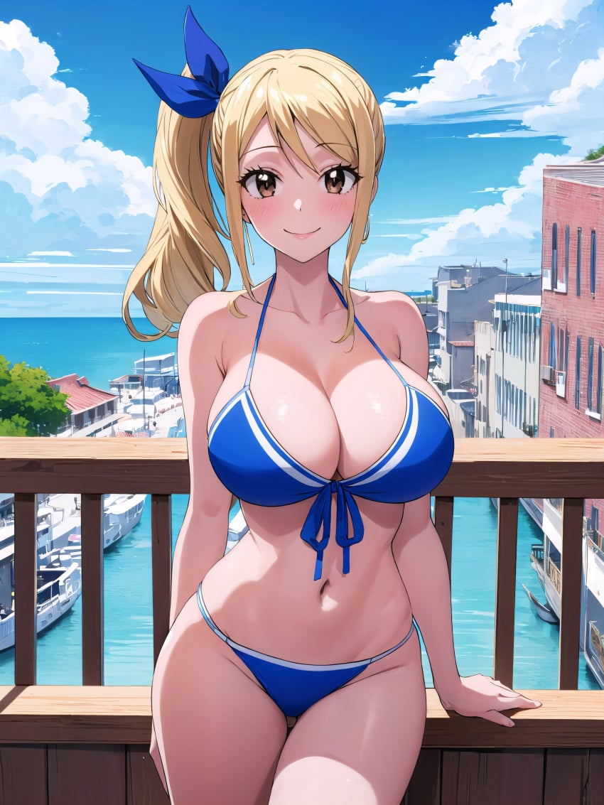 1girl 1girl 1girl ai_generated big_breasts big_breasts big_breasts bikini blonde_hair blue_bikini brown_eyes child_bearing_hips cleavage fairy_tail female_only high_res legs looking_at_viewer lucy_heartfilia navel side_ponytail smile thighs voluptuous
