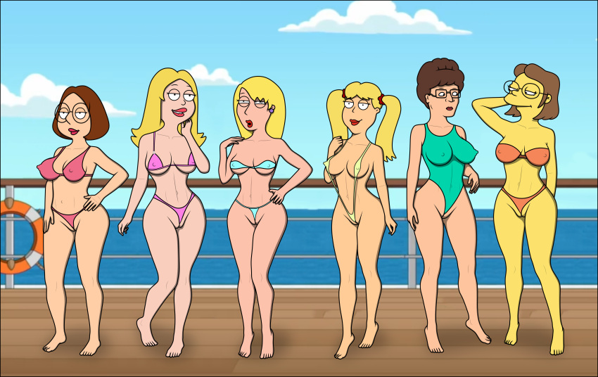 american_dad bikini blonde blonde_hair brunette brunette cameltoe cindi_(family_guy) connie_d&amp;#039;amico elizabeth_hoover family_guy francine_smith king_of_the_hill meg_griffin peggy_hill sexfightfun ship sling_bikini sling_swimsuit smile smiley_face swimsuit the_simpsons tugging_clothing