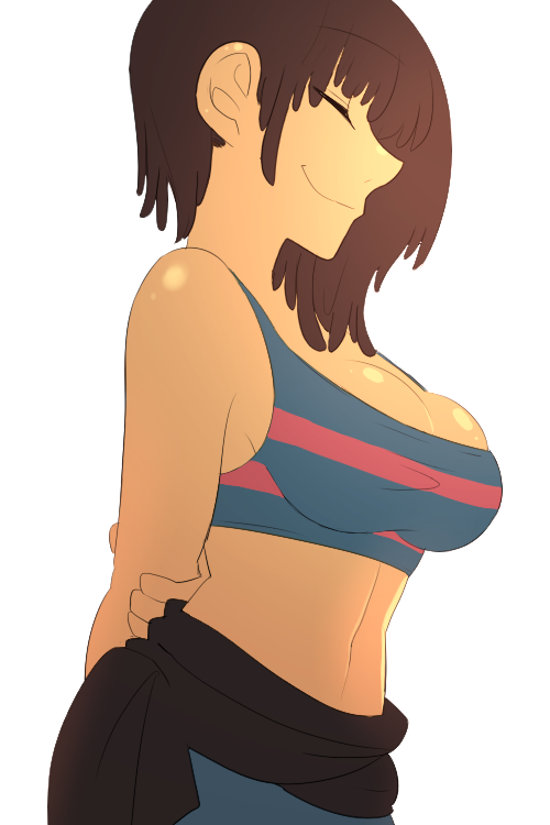 1_female 1girl aged_up arms_behind_back big_breasts breasts cleavage female_frisk_(undertale) female_only frisk frisk_(undertale) frisk_female_(undertale) hands_behind_back knocker12 midriff protagonist_(undertale) short_hair smile smiling solo_female striped_clothing undertale undertale_(series) white_background