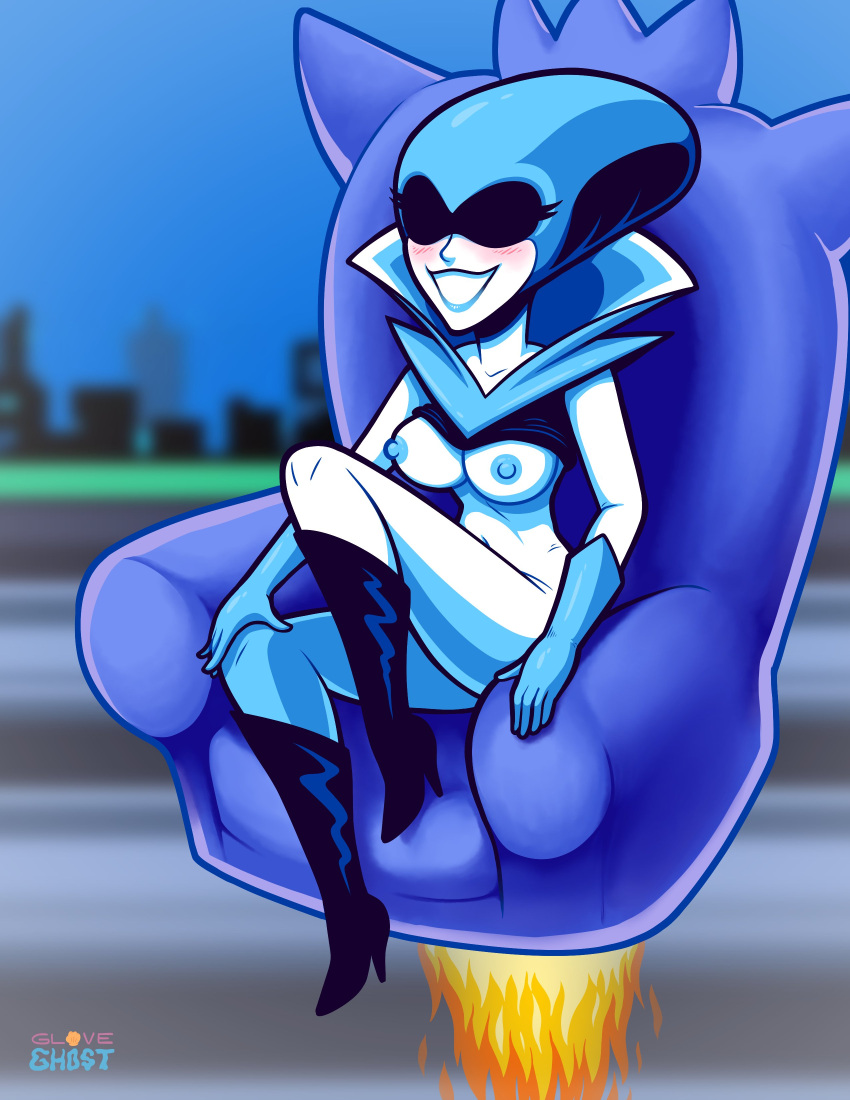 1_girl 1girl 2021 areola artist_name blue_gloves blue_nipples blush boots breasts deltarune deltarune_chapter_2 female_focus female_only gloveghost gloves high_heel_boots high_heels high_res lipstick nipples queen_(deltarune) shirt_lift sitting smile teeth throne undertale_(series)