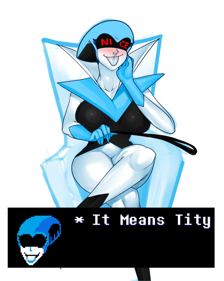 1_girl 1girl big_breasts blue_gloves breasts brothbowl clothed clothed_female clothing deltarune deltarune_chapter_2 dialog dialogue dialogue_box english_text equestrian female_only gloves hand_on_face hand_on_own_face holding_whip legs_crossed queen_(deltarune) robot robot_girl simple_background solo_female text text_box tongue tongue_out undertale_(series) visor whip white_background white_skin white_text white_tongue