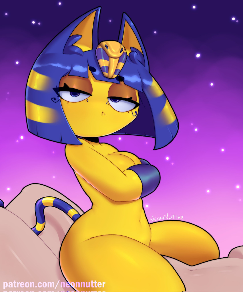 1boy 1girl 2022 ambiguous_penetration animal_crossing ankha_(animal_crossing) anthro anthro_penetrated blue_hair breasts covering covering_breasts duo felid feline female_penetrated hair half-closed_eyes high_res human human_on_anthro human_penetrating human_penetrating_anthro interspecies light_skin looking_at_viewer lying male male/female male_penetrating male_penetrating_female mammal narrowed_eyes neonnutter nintendo on_back penetration penile penile_penetration sex signature spread_legs spreading straddling tail text url villager_(animal_crossing) yellow_body