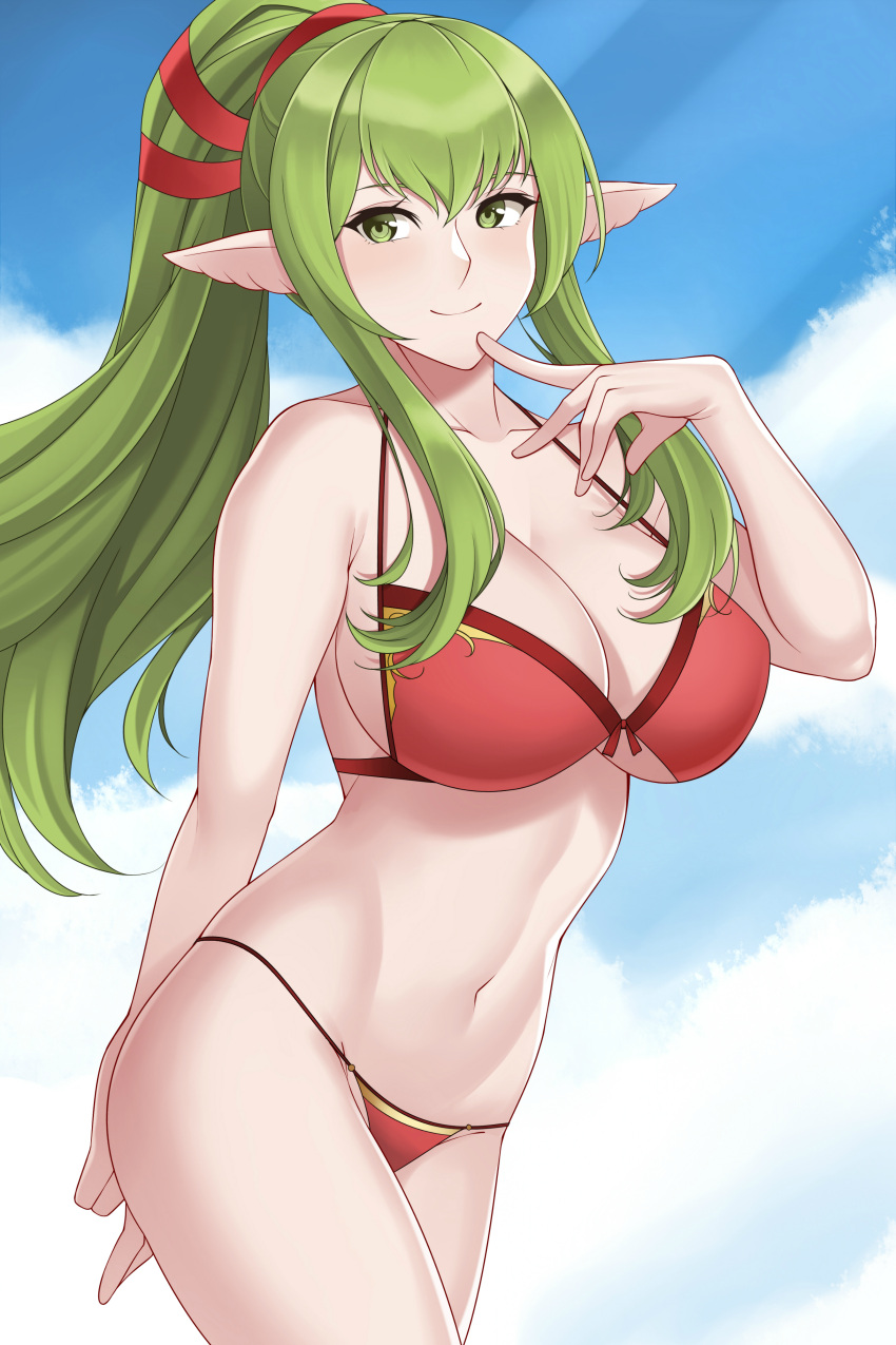 1girl 1girl 1girl adapted_costume alluring arm_behind_back aslind_samure aslindsamure big_breasts bikini blue_sky breasts cleavage closed_mouth cloud cloudy_sky cowboy_shot day finger_to_mouth fire_emblem fire_emblem_awakening green_eyes green_hair hair_between_eyes high_resolution large_filesize long_hair looking_at_viewer midriff milf navel nintendo outside pointed_ears ponytail red_bikini sideboob sidelocks sky smile string_bikini swimsuit thighs third-party_edit tied_hair tiki_(adult)_(fire_emblem) tiki_(fire_emblem) very_high_resolution