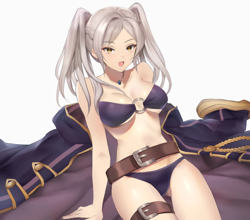 1girl 1girl 1girl alluring belt bikini bikini_bottom bikini_top breasts ei1han female_only fire_emblem fire_emblem_awakening fire_emblem_heroes light-skinned_female light_skin necklace nintendo open_mouth purple_bikini robin_(fire_emblem) robin_(fire_emblem)_(female) robin_(summer)_(fire_emblem)_(female) simple_background solo_female twin_tails white_background white_hair yellow_eyes yowuyoru