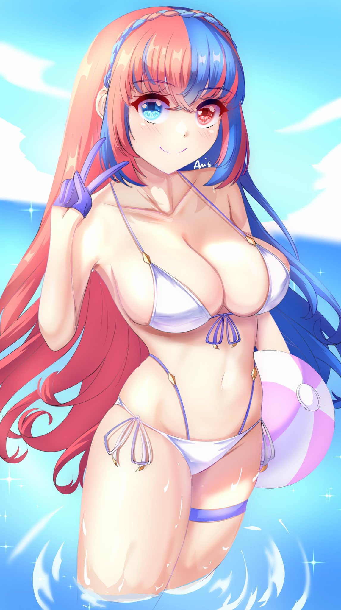 1girl 1girl alear_(female)_(fire_emblem) alear_(fire_emblem) alluring alternate_costume anisdrawn ball bangs beachball big_breasts bikini blue_eyes blue_gloves blue_hair blue_string braid breasts collarbone crossed_bangs crown_braid female_only fire_emblem fire_emblem_engage gloves half_gloves heterochromia high_res light_blush long_hair looking_at_viewer multicolored_hair navel nintendo partially_submerged red_eyes red_hair skindentation smile swimsuit thigh_strap v very_long_hair water watermark wet white_bikini white_swimsuit