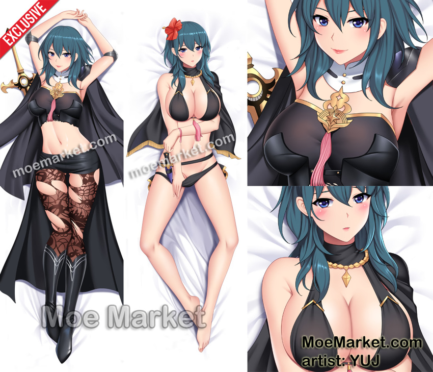 1girl 1girl alluring alternate_costume anthro armpits arms_up ass_visible_through_thighs bare_legs bare_midriff barefoot bed big_breasts big_breasts bikini blue_eyes breasts byleth_(fire_emblem) byleth_(fire_emblem)_(female) capelet cleavage dakimakura dakimakura_design female_only fire_emblem fire_emblem:_three_houses fire_emblem_heroes flower hair_flower knife leggings legs looking_at_viewer medium_hair midriff moe_market nintendo official_alternate_costume on_back on_bed open_mouth pantyhose shorts sideboob smile swimsuit sword sword_of_the_creator teal_hair torn_clothes undressing weapon
