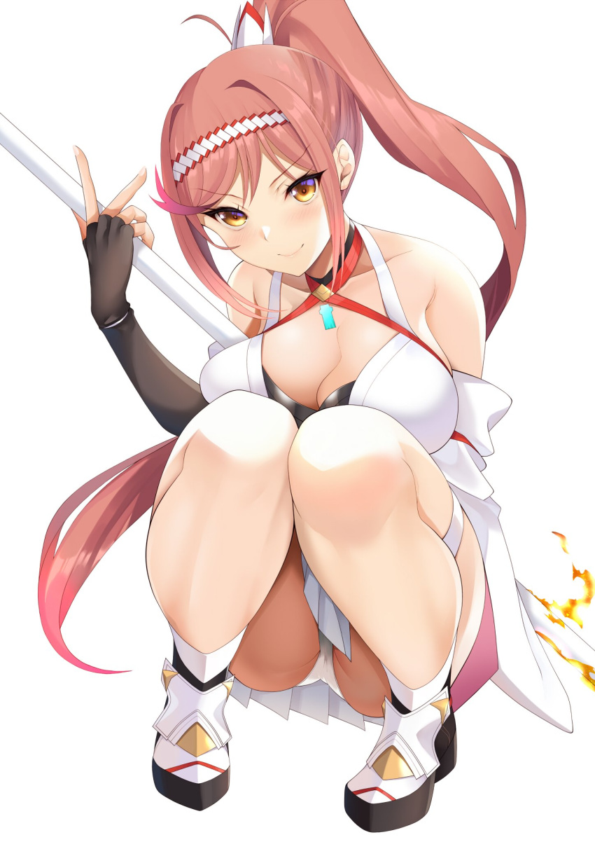 1girl 1girl alluring bare_shoulders big_breasts breasts chest_jewel cleavage core_crystal_(xenoblade) criss-cross_halter daive detached_sleeves fingerless_gloves full_body glimmer_(xenoblade) gloves halterneck high_ponytail high_res japanese_clothes kimono long_hair looking_at_viewer obi panties ponytail red_hair sash squatting swept_bangs underwear upskirt white_kimono wide_sleeves xenoblade_chronicles_(series) xenoblade_chronicles_3 xenoblade_chronicles_3:_future_redeemed