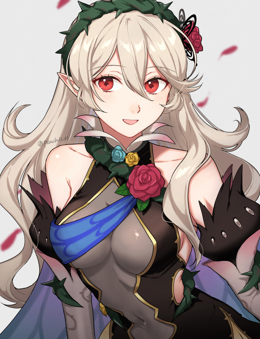 1girl 1girl alluring breasts cape cleavage corrin_(fire_emblem) corrin_(fire_emblem)_(female) detached_sleeves fire_emblem fire_emblem_fates fire_emblem_heroes flower hairband high_res juliet_sleeves long_hair long_sleeves looking_at_viewer medium_breasts nintendo official_alternate_costume peach11_01 pointy_ears puffy_sleeves red_eyes rose smile thorns white_hair