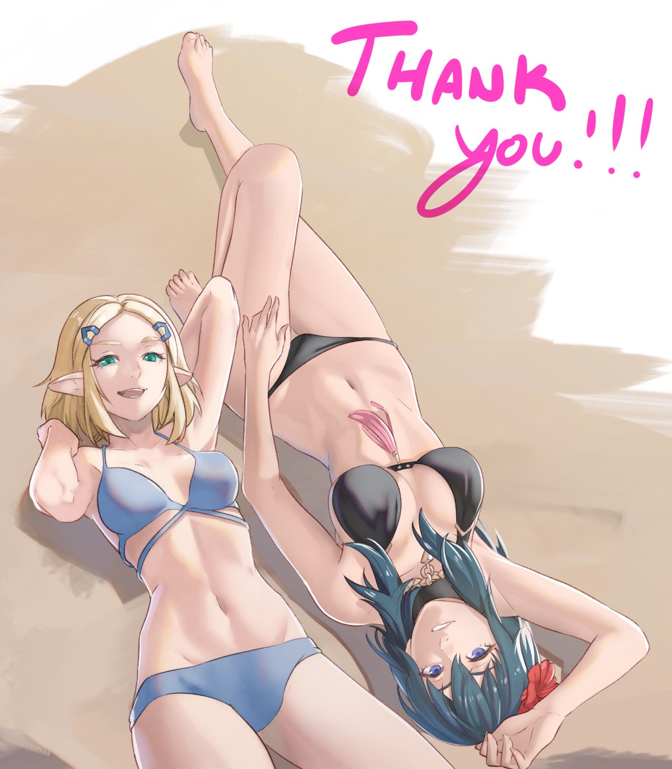 1girl 2_girls :d alternate_costume arm_behind_head arm_up armpits bare_arms bare_legs barefoot big_breasts bikini black_bikini black_swimsuit blonde_hair blue_bikini blue_eyes blue_hair blue_swimsuit breasts byleth_(female) byleth_(fire_emblem) commentary cowboy_shot feet feet_out_of_frame female_only fire_emblem fire_emblem:_three_houses fire_emblem_heroes flower green_eyes hair_flower hair_ornament high_res knee_up legs long_hair looking_at_viewer lying medium_breasts medium_hair milestone_celebration multiple_girls navel nintendo official_alternate_costume on_back open_mouth pointy_ears pomelomelon princess_zelda red_flower smile stomach super_smash_bros._ultimate swimsuit tears_of_the_kingdom thank_you the_legend_of_zelda the_legend_of_zelda:_tears_of_the_kingdom thighs toenails toes upside-down zelda_(tears_of_the_kingdom)