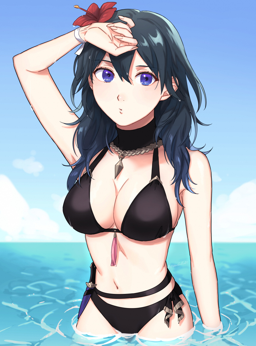 1girl absurd_res alluring arm_up bikini black_bikini blue_eyes blue_hair blue_sky blush breasts byleth_(female) byleth_(fire_emblem) cleavage cloud cloudy_sky commentary cowboy_shot dagger day fire_emblem fire_emblem:_three_houses fire_emblem_heroes flower hair_between_eyes hair_flower hair_ornament hand_on_own_head hibiscus high_res jewelry knife lips long_hair looking_at_viewer medium_breasts navel nintendo ocean official_alternate_costume outside parted_lips peach11_01 pendant puckered_lips ribbon ripples sheath sheathed sky standing stomach swimsuit tassel wading water weapon wet wet_hair wrist_ribbon