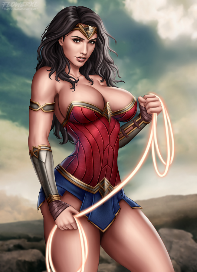 1girl actress alternate_breast_size arm_bracers big_breasts breasts celeb cleavage corset daytime dc_comics dc_extended_universe dceu diana_prince female_only fit flowerxl gal_gadot lasso_of_truth looking_at_viewer pinup real_person realistic skirt standing thick_thighs tiara weapon wide_hips wonder_woman wonder_woman_(series)