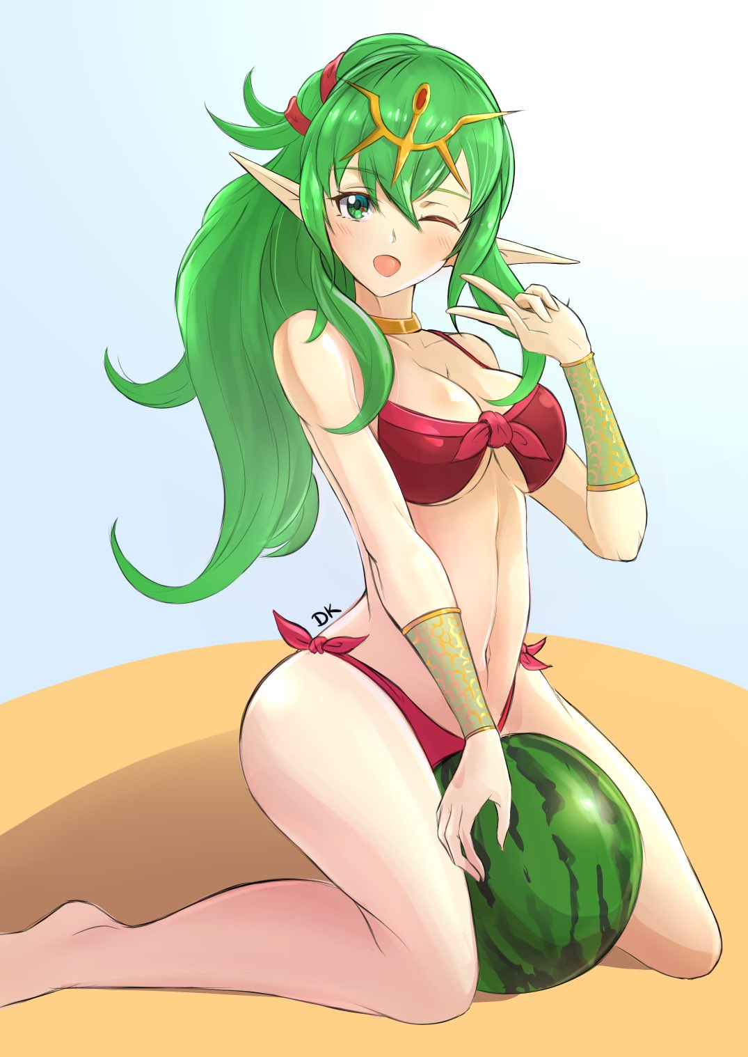 1girl alluring big_breasts big_breasts bikini breasts deekei fire_emblem fire_emblem_awakening fire_emblem_heroes green_eyes green_hair long_hair melon pointy_ears red_bikini swimsuit tiki_(adult)_(fire_emblem) tiki_(adult)_(summer)_(fire_emblem) tiki_(fire_emblem) watermelon wink