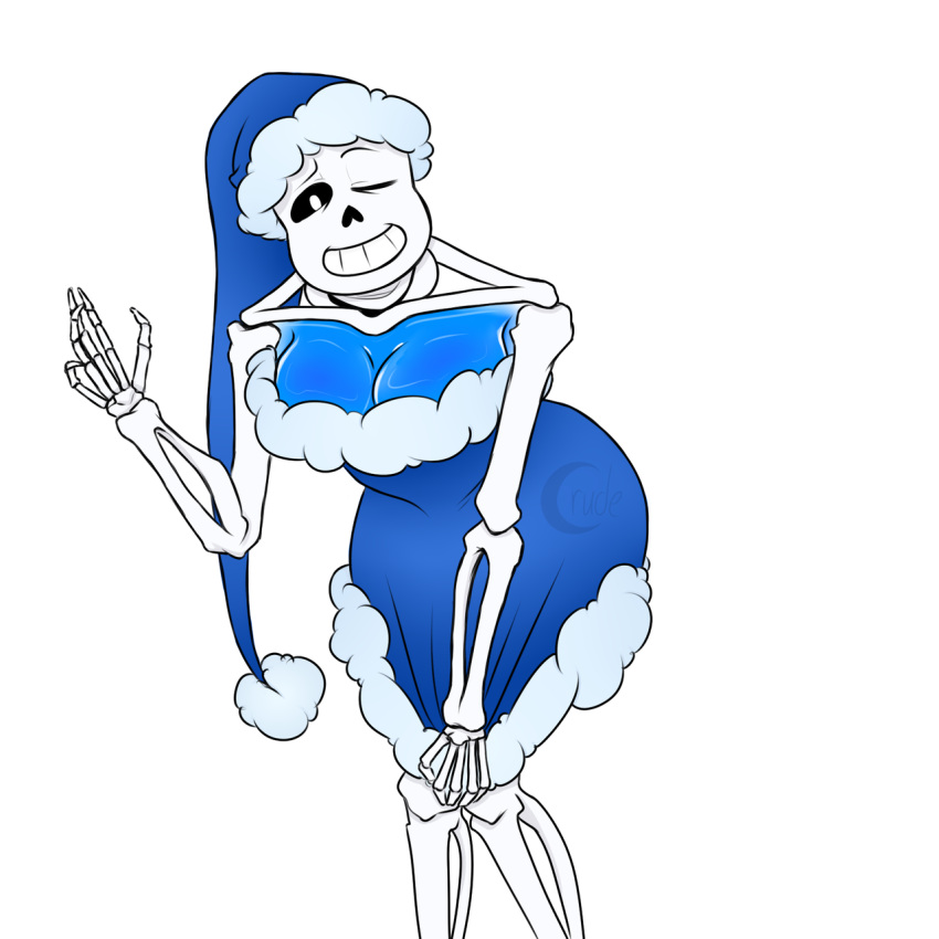 1girl animated_skeleton blue_body blue_clothes blue_clothing breasts cleavage curvy_body ectobody genderswap looking_at_viewer nsfwgarbagedump_(artist) one_eye_closed rule_63 sans sans_(undertale) santa_costume santa_hat skeleton undertale undertale_(series) white_background