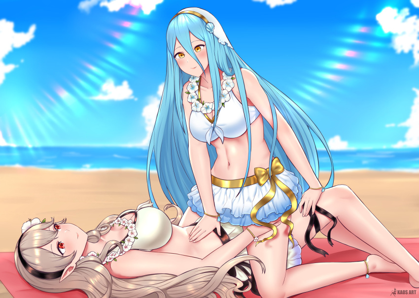 2_girls absurd_res alternate_costume anklet artist_name azura_(fire_emblem) bare_shoulders beach bikini bikini_skirt black_hairband blue_hair blue_sky blush breasts cleavage closed_mouth cloud collarbone commentary corrin_(fire_emblem)_(female) fire_emblem fire_emblem_fates kaos_art nintendo