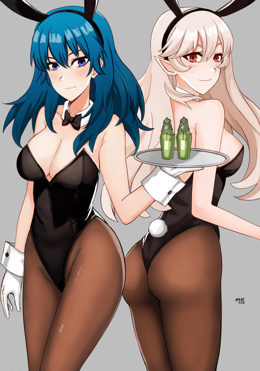 2_girls alluring alternate_costume ass back_view blue_eyes blue_hair bottle breasts bunnysuit byleth byleth_(female) byleth_(fire_emblem) cleavage corrin_(fire_emblem) corrin_(fire_emblem)_(female) female_only fire_emblem fire_emblem:_three_houses fire_emblem_fates grey_background kgctcg long_hair looking_at_viewer looking_back multiple_girls nintendo red_eyes smile teal_hair waitress