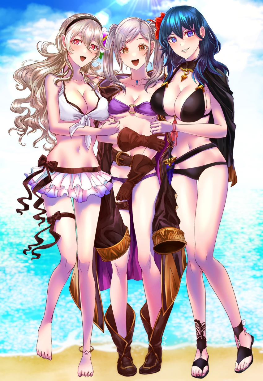 3_girls alluring alternate_costume bangs beach big_breasts big_breasts bikini bikini_skirt black_bikini black_swimsuit blonde_hair blue_eyes blue_hair breast_size_difference breasts brown_eyes byleth_(fire_emblem) byleth_(fire_emblem)_(female) byleth_(summer)_(fire_emblem)_(female) cape cleavage commentary_request corrin_(fire_emblem) corrin_(fire_emblem)_(female) corrin_(summer)_(fire_emblem)_(female) eyebrows_visible_through_hair female_only fire_emblem fire_emblem:_three_houses fire_emblem_awakening fire_emblem_fates fire_emblem_heroes flower full_body gem green_hair hair_between_eyes hair_flower hair_ornament heart high_res hugging long_hair looking_at_viewer medium_breasts medium_hair multiple_girls navel nintendo o-ring_bikini ocean open_mouth orange_eyes purple_bikini purple_eyes purple_swimsuit red_eyes red_flower robin_(fire_emblem) robin_(fire_emblem)_(female) robin_(summer)_(fire_emblem)_(female) seaside silver_hair smile super_smash_bros. swimsuit teal_hair twin_tails wavy_hair whatthehell042 white_bikini white_swimsuit