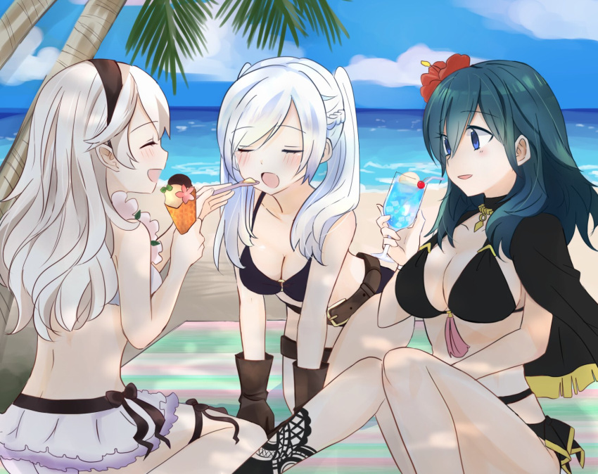 3_girls alluring beach belt bikini black_bikini black_hairband blue_eyes blue_hair blue_sky breasts brown_gloves byleth_(female)_(fire_emblem) byleth_(fire_emblem) cleavage closed_eyes cloud corrin_(female)_(fire_emblem) corrin_(female)_(summer)_(fire_emblem) corrin_(fire_emblem) corrin_(fire_emblem)_(female) cup day drinking_straw feeding fire_emblem fire_emblem:_three_houses fire_emblem_awakening fire_emblem_fates fire_emblem_heroes flower glass gloves hair_flower hair_ornament hairband high_res holding holding_cup holding_spoon long_hair multiple_girls nintendo o-ring o-ring_bikini official_alternate_costume open_mouth outside palm_tree pointy_ears puni_y_y robin_(fire_emblem) sitting sky spoon swimsuit tree twin_tails water white_hair wreath