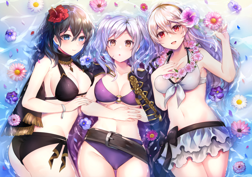 3_girls :d :o alluring alternate_costume asada_sadao ass bangs bare_shoulders belt big_breasts bikini bikini_skirt black_bikini black_cape black_coat black_swimsuit blonde_hair blue_eyes blue_hair blush breasts brown_belt brown_eyes byleth_(fire_emblem) byleth_(fire_emblem)_(female) byleth_(summer)_(fire_emblem)_(female) cape cleavage coat coat_on_shoulders collarbone corrin_(fire_emblem) corrin_(fire_emblem)_(female) corrin_(summer)_(fire_emblem)_(female) cowboy_shot eyebrows_visible_through_hair fire_emblem fire_emblem:_three_houses fire_emblem_awakening fire_emblem_fates fire_emblem_heroes flower flower_necklace flower_on_liquid frilled_skirt frills front-tie_bikini front-tie_top groin hair_between_eyes hair_flower hair_ornament hairband hand_on_own_chest hand_up hibiscus high_res jewelry long_hair looking_at_viewer lying multiple_girls navel necklace nintendo o-ring o-ring_bikini official_alternate_costume on_back open_mouth parted_lips pointy_ears purple_bikini purple_swimsuit red_eyes red_flower ribbon robin_(fire_emblem) robin_(fire_emblem)_(female) robin_(summer)_(fire_emblem)_(female) sadao4a side-tie_bikini sidelocks silver_hair skirt smile stomach swimsuit symbol-only_commentary twin_tails twisted_torso under_boob white_bikini white_skirt white_swimsuit wrist_ribbon