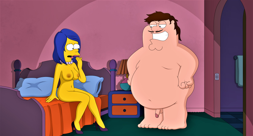 ass breasts crossover erect_nipples family_guy gp375 high_heels marge_simpson nude peter_griffin sitting_on_bed small_penis the_simpsons thighs