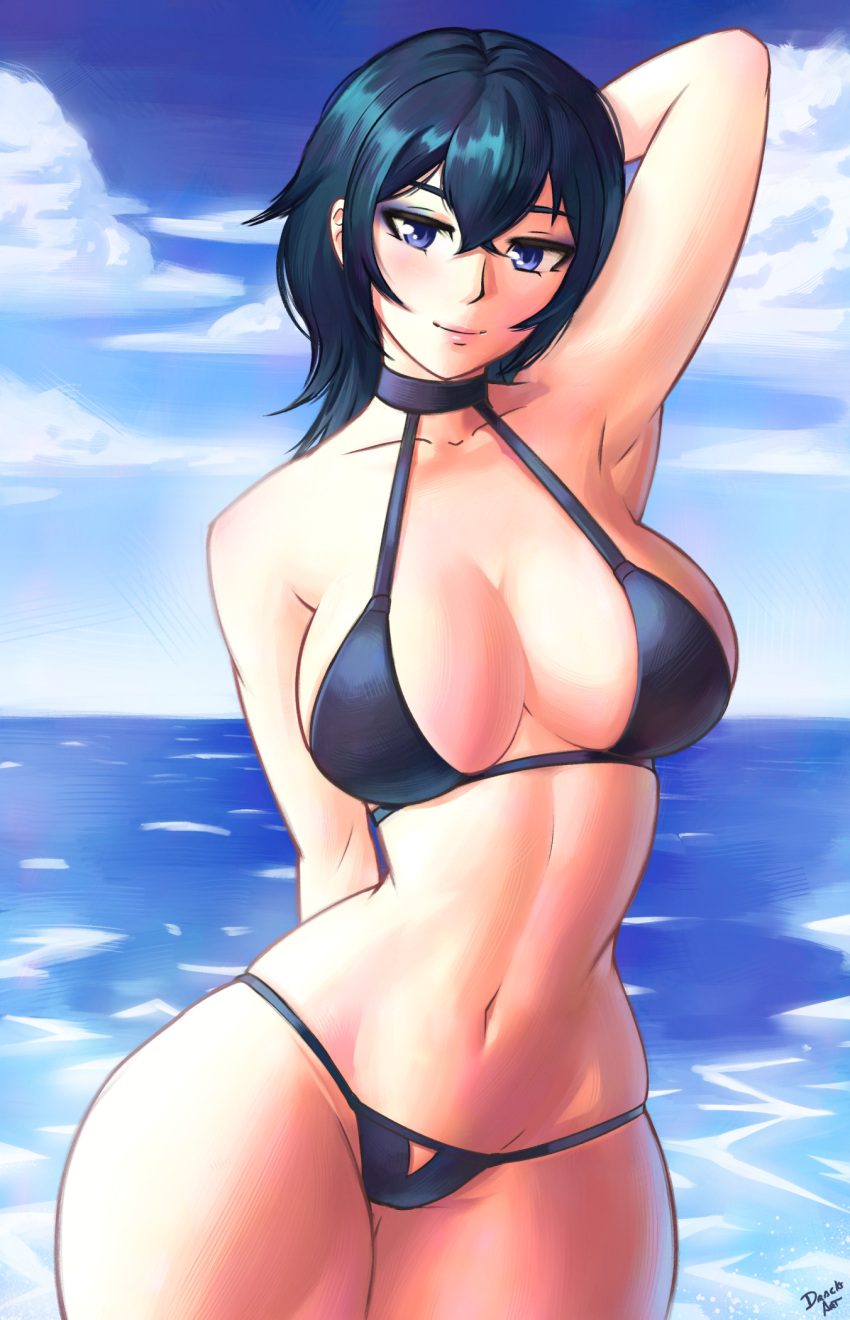 1girl 1girl 1girl alluring alternate_costume bare_thighs big_breasts bikini black_bikini black_swimsuit blue_eyes byleth_(fire_emblem) byleth_(fire_emblem)_(female) dracksart eyeshadow female_only fire_emblem fire_emblem:_three_houses makeup medium_hair nintendo smile swimsuit teal_hair thick_thighs thighs