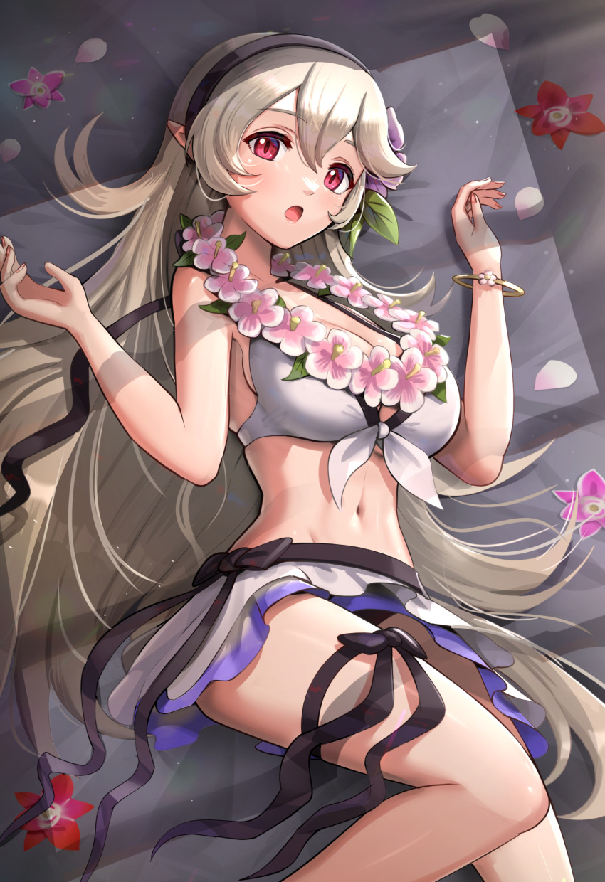 1girl 1girl 1girl :o alluring alternate_costume bangs big_breasts bikini bikini_skirt black_hairband breasts cleavage commentary_request corrin_(fire_emblem) corrin_(fire_emblem)_(female) corrin_(summer)_(fire_emblem)_(female) female_only fire_emblem fire_emblem_fates fire_emblem_heroes flower flower_necklace gonzarez grey_hair hair_between_eyes hair_flower hair_ornament hairband high_res long_hair looking_at_viewer lying navel nintendo official_alternate_costume pink_flower red_eyes skirt slit_pupils stomach swimsuit very_long_hair white_bikini white_skirt white_swimsuit