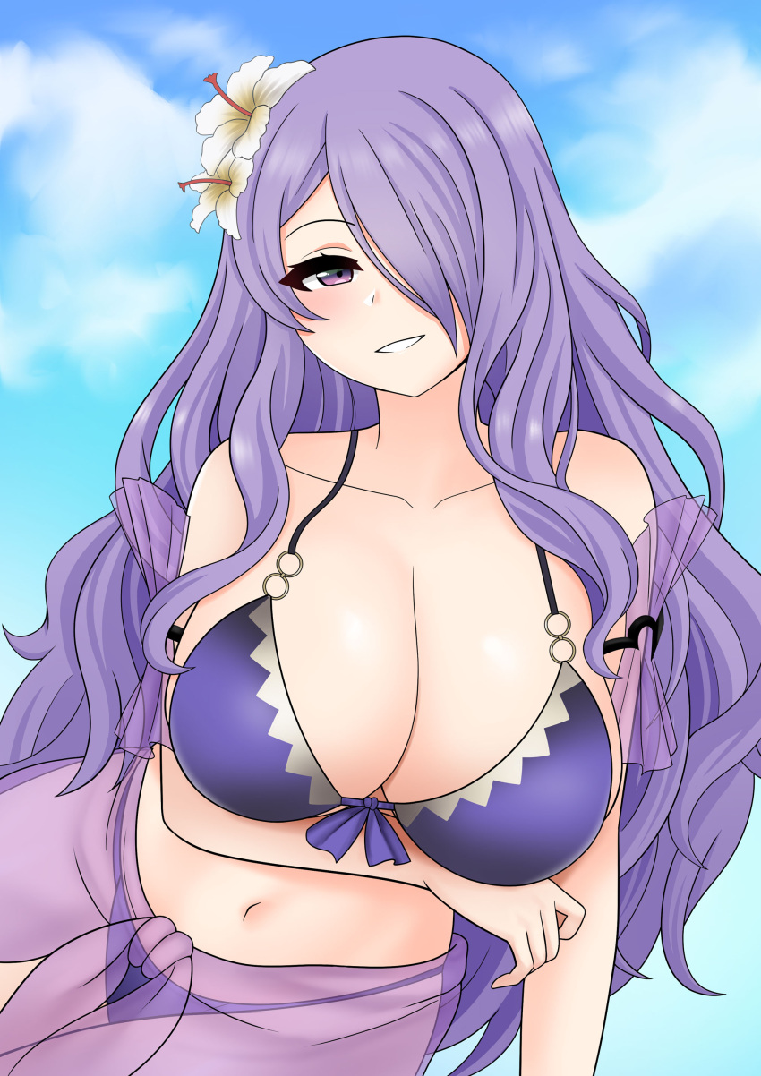 1girl 1girl absurd_res alluring arm_under_breasts big_breasts bikini blue_sky blush breasts camilla_(fire_emblem) cleavage cloud collarbone commentary fire_emblem fire_emblem_fates fire_emblem_heroes flower hair_flower hair_ornament hair_over_one_eye high_res long_hair navel nintendo purple_bikini purple_eyes purple_hair sarong see-through sky smile swimsuit the_only_shoe very_long_hair