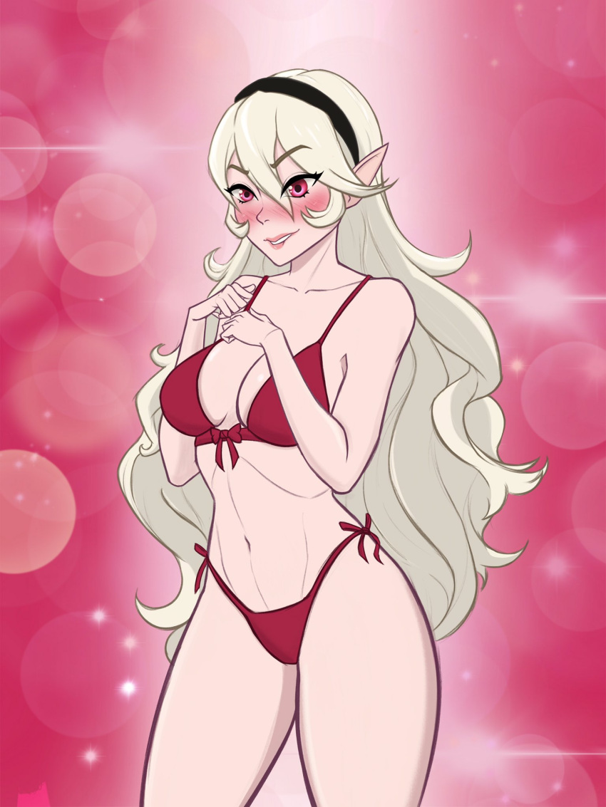 1girl 1girl alluring alternate_costume athletic_female bikini blush breasts cleavage corrin_(fire_emblem) corrin_(fire_emblem)_(female) female_abs fire_emblem fire_emblem_fates fit_female hair_between_eyes heavy_blush long_hair malegardev0ir medium_breasts nintendo pink_background pink_eyes pointy_ears purple_eyes red_bikini red_swimsuit swimsuit very_long_hair violet_eyes