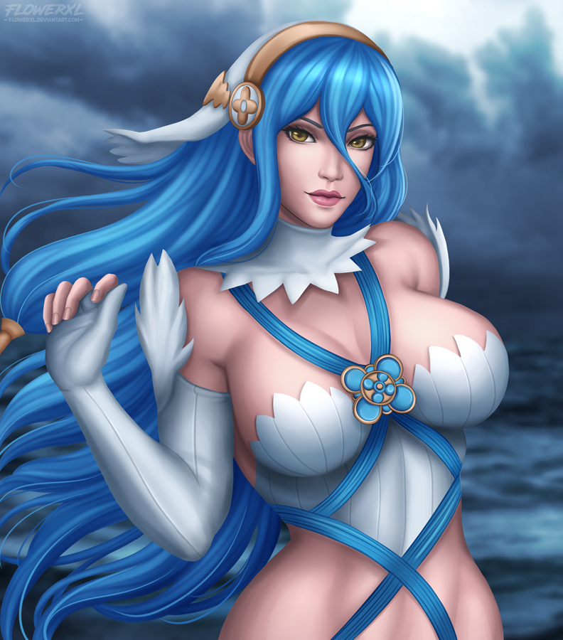 1girl 1girl alluring azura_(fire_emblem) bare_shoulders big_breasts blue_hair breasts cleavage elbow_gloves fingerless_gloves fire_emblem fire_emblem_fates flowerxl gloves intelligent_systems lips long_hair looking_at_viewer nintendo yellow_eyes