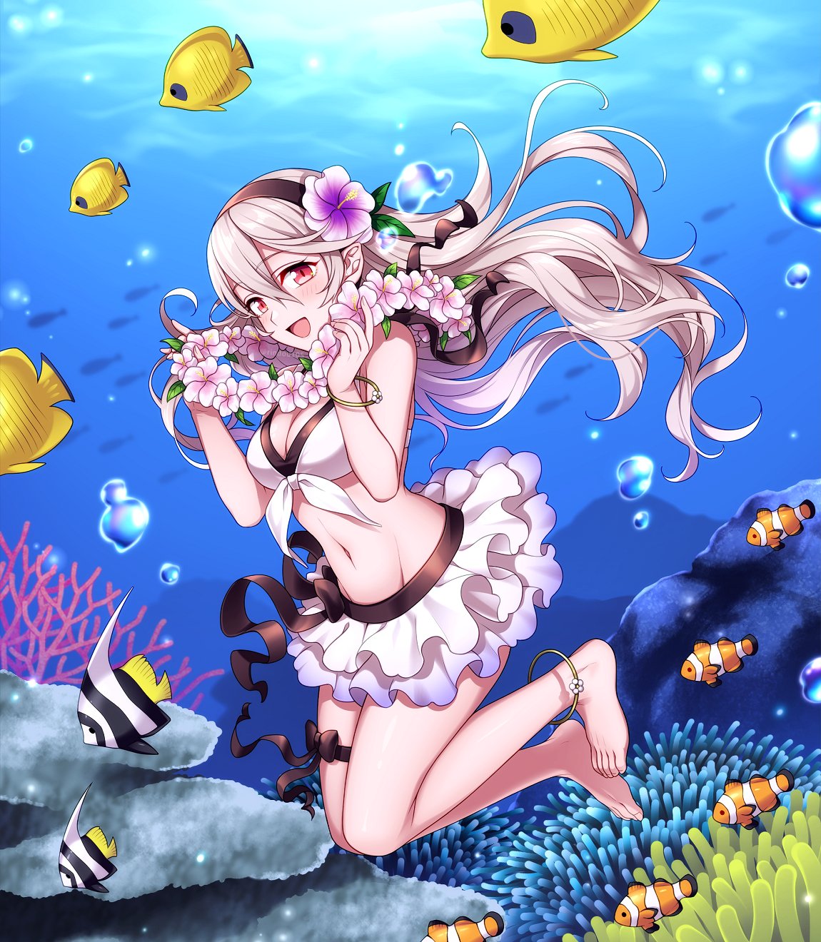 1girl 1girl alluring barefoot bikini black_hairband breasts bubble cleavage corrin_(fire_emblem) corrin_(fire_emblem)_(female) fire_emblem fire_emblem_fates fire_emblem_heroes fish flower hair_flower hair_ornament hairband high_res hiyori_(rindou66) long_hair nintendo official_alternate_costume open_mouth red_eyes swimsuit underwater white_hair wreath