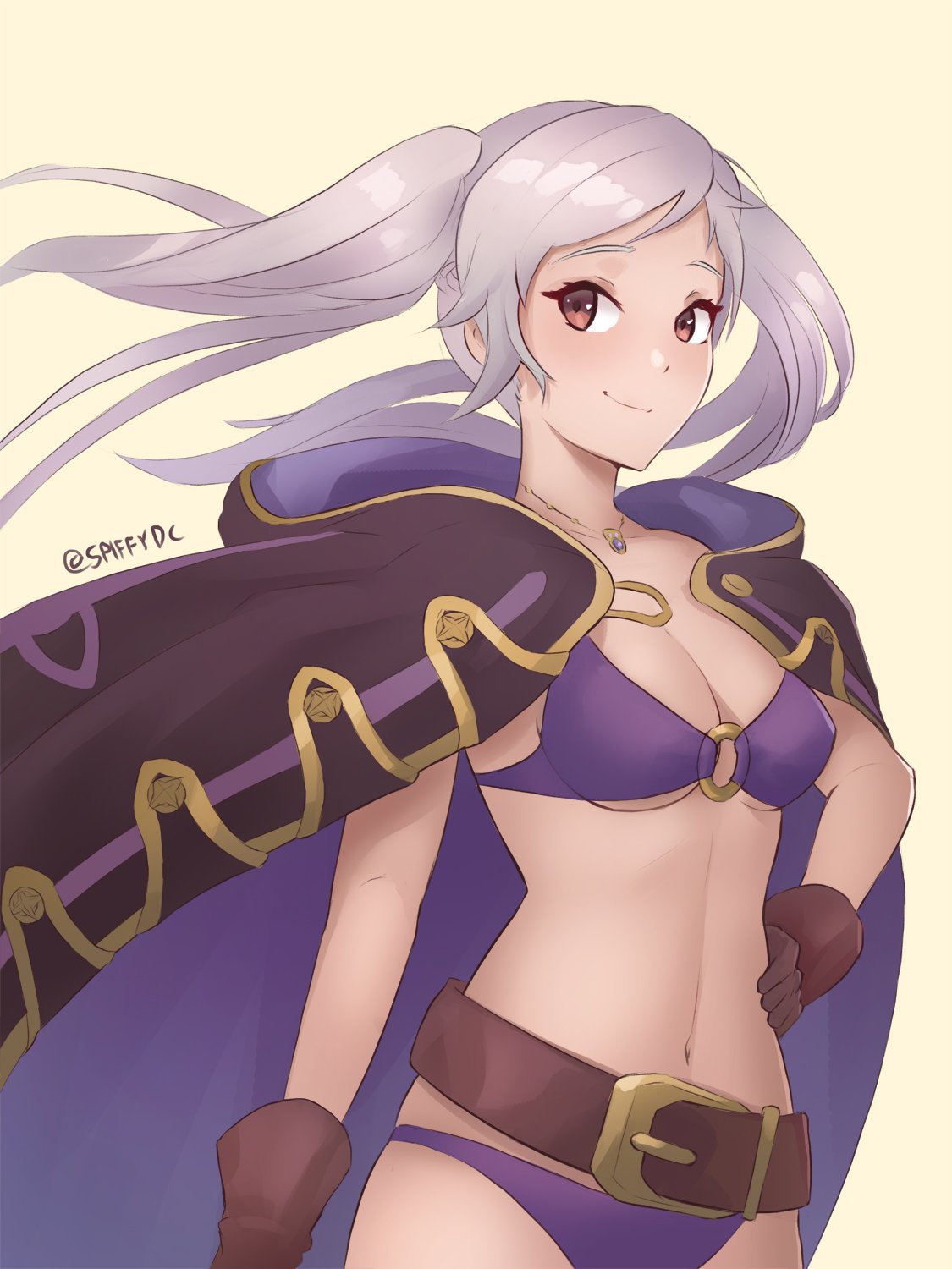 1girl 1girl alluring belt bikini breasts brown_eyes brown_gloves cleavage closed_mouth fire_emblem fire_emblem_awakening fire_emblem_heroes gloves high_res jewelry medium_breasts necklace nintendo o-ring o-ring_bikini robin_(fire_emblem) robin_(fire_emblem)_(female) simple_background smile spiffydc swimsuit twin_tails twitter_username under_boob white_hair