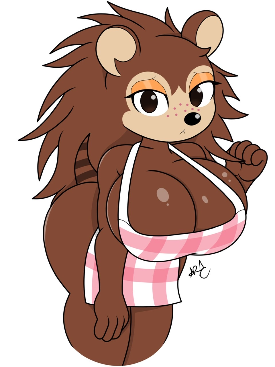 1girl 1girl animal_crossing anthro apron apron_only big_breasts breasts brown_body cleavage eulipotyphlan female_only freckles furry hair hedgehog long_hair looking_at_viewer mostly_nude nintendo nr_ac sable_able simple_background thick_thighs white_background