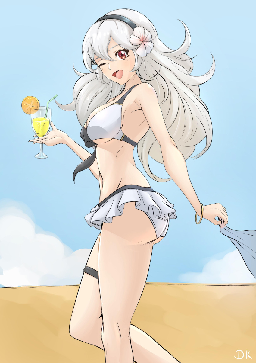 1girl 1girl ;d alluring alternate_costume ass big_ass big_breasts bikini bikini_skirt corrin_(fire_emblem) corrin_(fire_emblem)_(female) corrin_(summer)_(fire_emblem)_(female) deekei drink fire_emblem fire_emblem_fates fire_emblem_heroes flower frilled_skirt frills glass hair_between_eyes hair_flower hibiscus long_hair looking_at_viewer nintendo one_eye_closed red_eyes silver_hair swimsuit under_boob white_bikini white_flower white_swimsuit wink