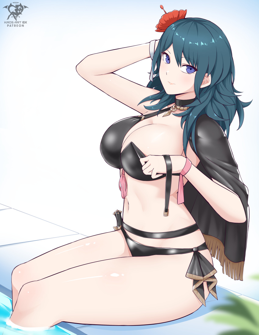 1girl 2022 absurd_res alluring alternate_costume artist_logo artist_name artist_signature bare_legs big_breasts bikini black_bikini black_cape black_swimsuit blue_eyes blue_hair breasts byleth byleth_(female) cape cleavage commentary english_commentary eyebrows_visible_through_hair female_only fire_emblem fire_emblem:_three_houses fire_emblem_heroes flower flower_hair_ornament hair_flower hair_ornament hibiscus high_res hips kaos_art knife lips long_hair looking_at_viewer navel nintendo official_alternate_costume partially_submerged pink_lips pool purple_eyes red_flower sitting slim_waist smile swimming_pool swimsuit teasing teasing_viewer thick_thighs thighs undressing water wide_hips