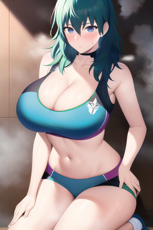 1girl alluring badtimer big_breasts blue_eyes byleth_(female) byleth_(fire_emblem) byleth_(fire_emblem)_(female) fire_emblem gym_shorts nintendo sports_bra teal_hair