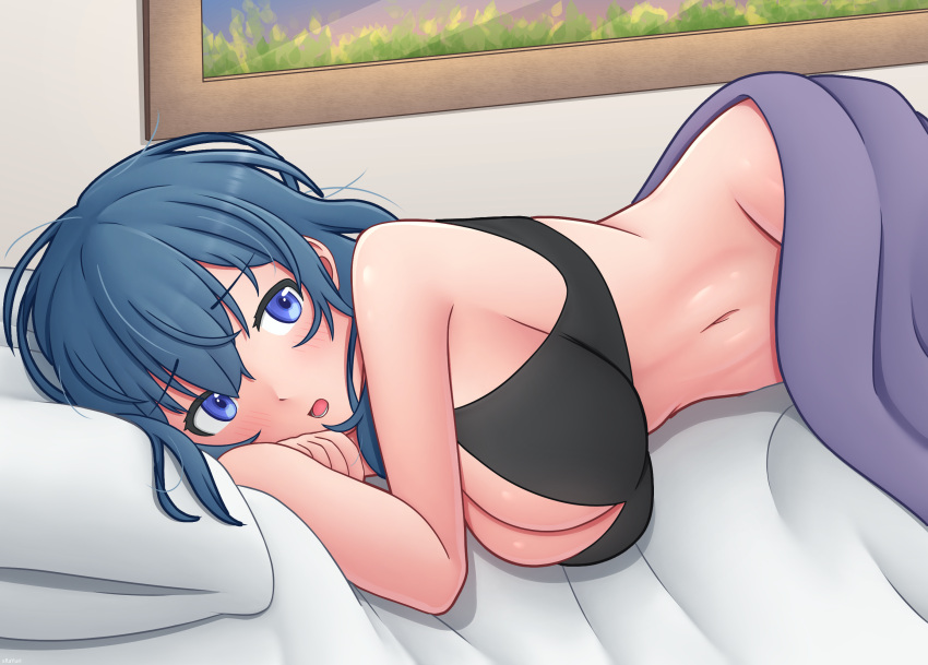 1girl alluring bed big_breasts blue_eyes bra bra_only byleth_(female) byleth_(fire_emblem) byleth_(fire_emblem)_(female) cleavage fire_emblem in_bed naked_from_the_waist_down nintendo sheets teal_hair xrayuri