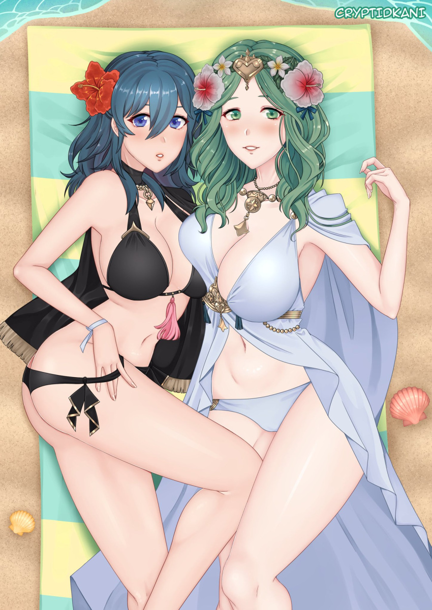 2_girls adjusting_clothes alluring alternate_version_available artist_name asymmetrical_docking beach big_breasts bikini black_bikini black_swimsuit blue_eyes breasts byleth_(female) byleth_(fire_emblem) cryptid_(artist) cryptid_crab female/female female_only fire_emblem fire_emblem:_three_houses fire_emblem_heroes flower flower_in_hair green_eyes green_hair long_hair looking_at_viewer multiple_girls nintendo official_alternate_costume revision rhea_(fire_emblem) rhea_(summer)_(fire_emblem) seaside shell swimsuit teal_hair towel water white_bikini white_swimsuit yuri